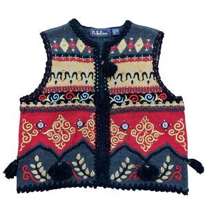 VTG Belle Pointe Hand-Knit Wool Vest Multicolor Embroidery Tassels‎ Grandmacore